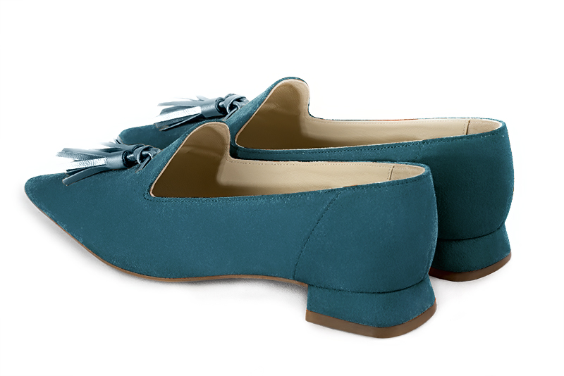 Peacock blue women's loafers with pompons. Pointed toe. Flat flare heels. Rear view - Florence KOOIJMAN